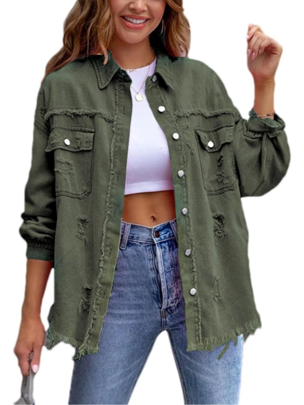 Women's Army Ripped Distressed Denim Jacket Oversized Basic Casual Jean Jacket